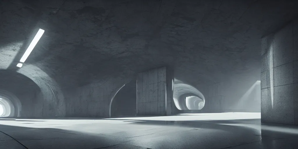 Prompt: underground tunnel, brutalist architecture, sterile, iridescent mist, futuristic hazmats, unknown location, light and shadows, light refraction, 4k, cinematic, unreal engine, concept art