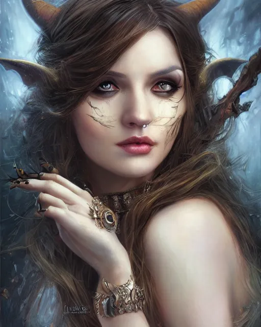 Image similar to a beautiful female witch, 8 k, hyperrealistic, hyperdetailed, fantasy portrait by laura sava