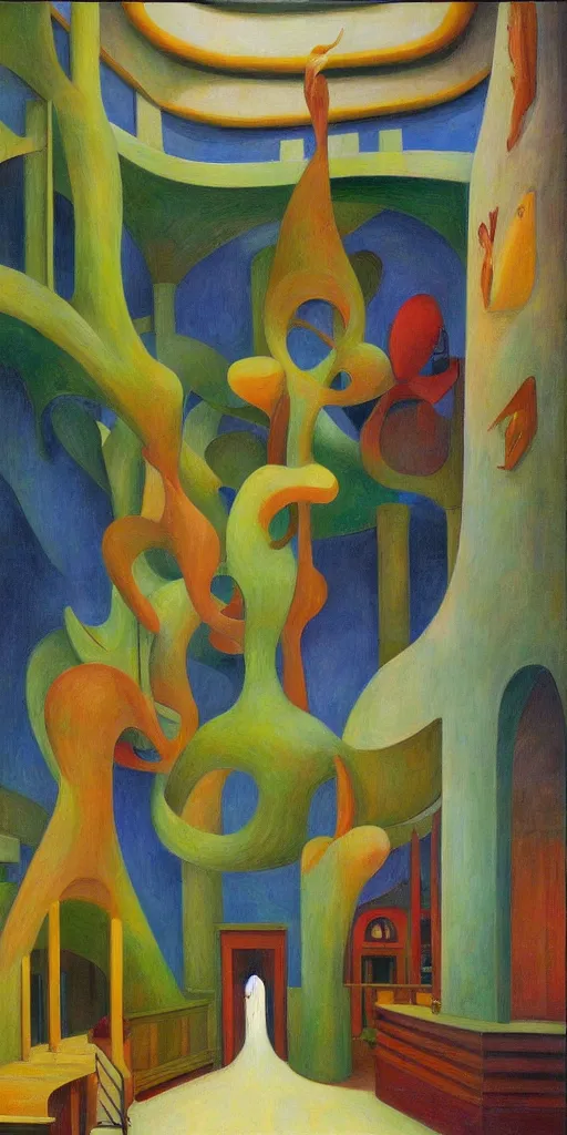 Image similar to fantastical biomorphic atrium, grant wood, pj crook, edward hopper, colorful, oil on canvas