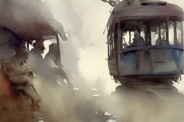 Image similar to small centered on watercolor paper, paint brush strokes, abstract watercolor painting of old man sitting on tram, poor and rugged, foggy dawn, morning dew, cinematic light, national romanticism by hans dahl, by jesper ejsing, by anders zorn, by greg rutkowski, by greg manchess, by tyler edlin