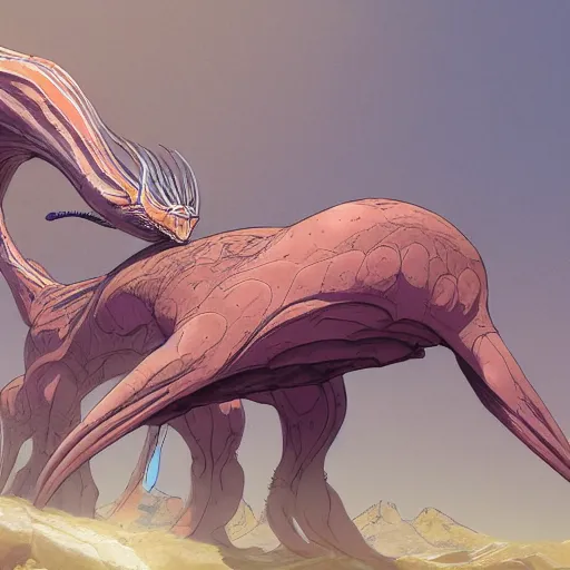 Image similar to concept art painting of an alien animal creature, detailed, cel shaded, in the style of makoto shinkai and moebius and wayne barlowe and james gurney