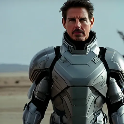 Prompt: cinematic film still of Tom Cruise as Tony Stark wearing his armour without the helmet