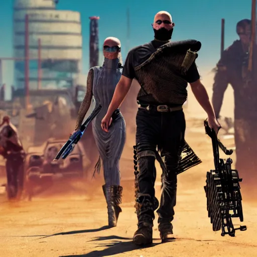 Image similar to Max Max Fury Road mennonite revenge. Cyberpunk 2077. CP2077. 3840 x 2160