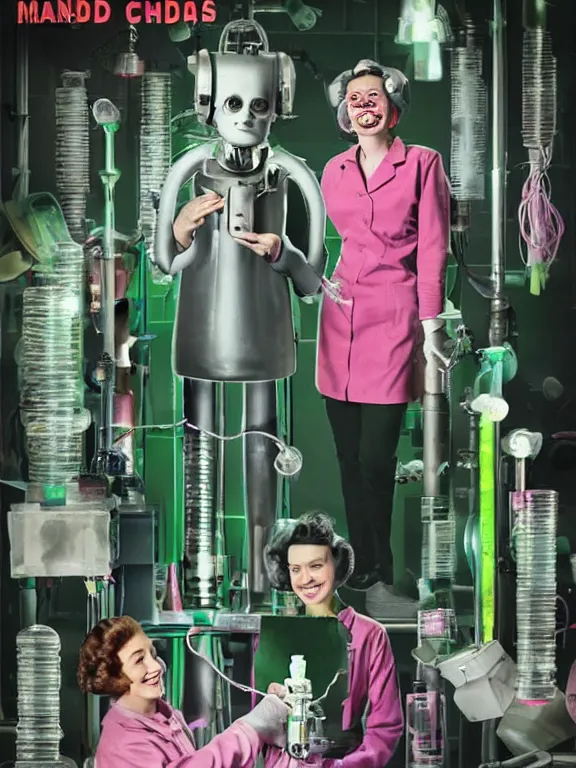 Prompt: A female mad scientist in a laboratory coat, smiling and welding together a partially-built realistic robotic!!! man!!! in a suit, in a darkly lit laboratory room surrounded by test tubes and jars, 1950s horror film movie poster style, retro vintage, saturated pink and green lighting