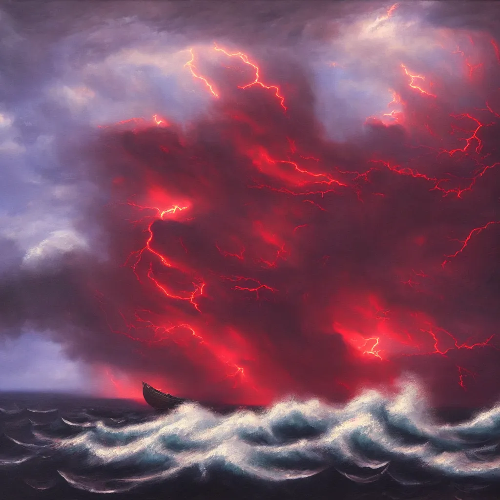 Image similar to a fantasy landscape. subject : giant dark red kraken, stormy sea, giant waves, lightning in the background, small boat, oil painting, 4 k