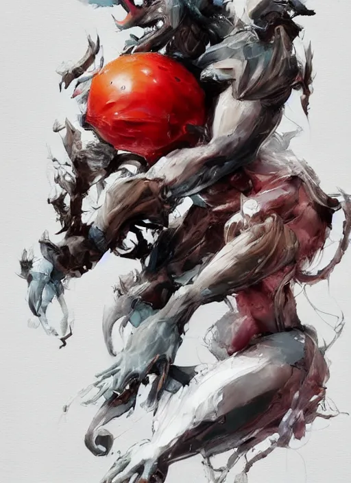 Image similar to semi reallistic gouache gesture painting, by yoshitaka amano, by ruan jia, by Conrad roset, by dofus online artists, detailed anime 3d render watermelon monster, watermelon terrible monster, antrophomorfic watermelon, portrait, cgsociety, artstation, rococo mechanical, Digital reality, sf5 ink style, dieselpunk atmosphere, gesture drawn