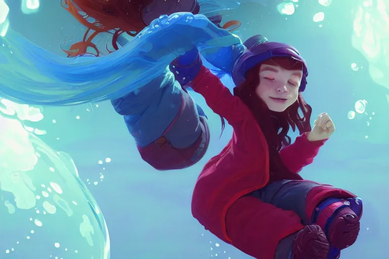 Image similar to madeline from celeste jumping into a green jelly bubble wearing a blue bubble jacket has a red long hair, highly detailed, digital painting, artstation, concept art, sharp focus, illustration, art by greg rutkowski and alphonse mucha