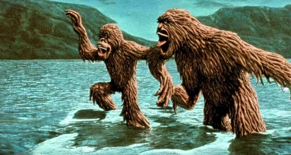 Image similar to scene from the 1 9 5 7 film bigfoot vs the loch ness monster, ray harryhausen, colorized, movie still