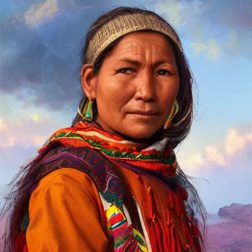 Image similar to portrait of a bolivian woman ( 3 5 ) from bolivia in 2 0 2 1, an oil painting by ross tran and thomas kincade