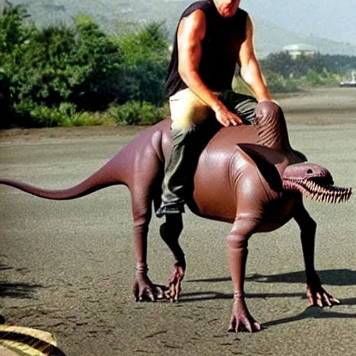 Prompt: A dinosaur riding on Steven Seagal