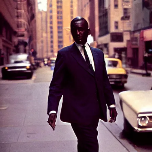 Image similar to portrait of a man walking in a suit in the streets of new york, 1 9 6 0 s, street photography taken with ektachrome, featured on flickr, photographed on expired film