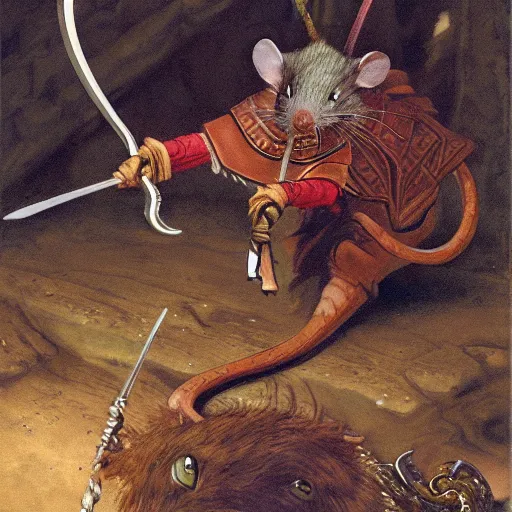 Image similar to martin the mouse warrior battling Asmodeus the serpent by James Gurney. Redwall.