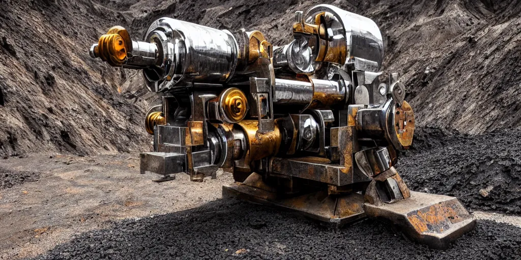 Image similar to a chrome drilling machine visiting the asphalt mines, retro - futuristic, science - fantasy, hills, abandoned, ancient tribe, deep shafts, rusted, black oil, lava, lgbt, queer, rpg, epic, dungeons & dragons, sacred, sharp focus, award - winning, extremely detailed, 4 k, 8 k