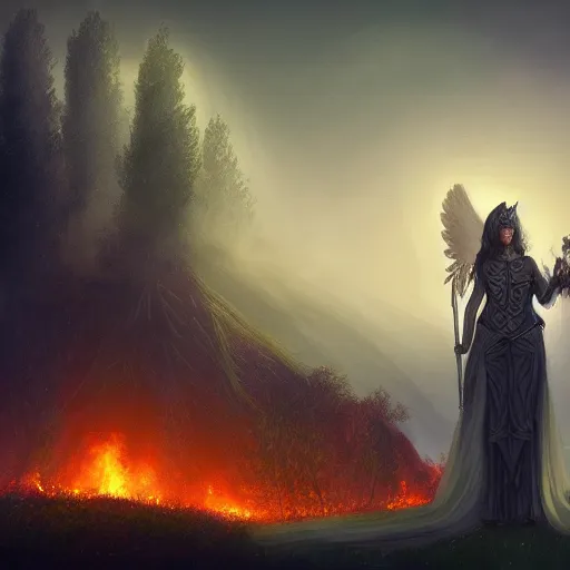 Image similar to great funeral for a fallen lord knight, many small trees and bushes in fire on background, night scene, angel flying down from sky, victorian town far away, high details, high quality, cinematic, fantasy, trending on artstation