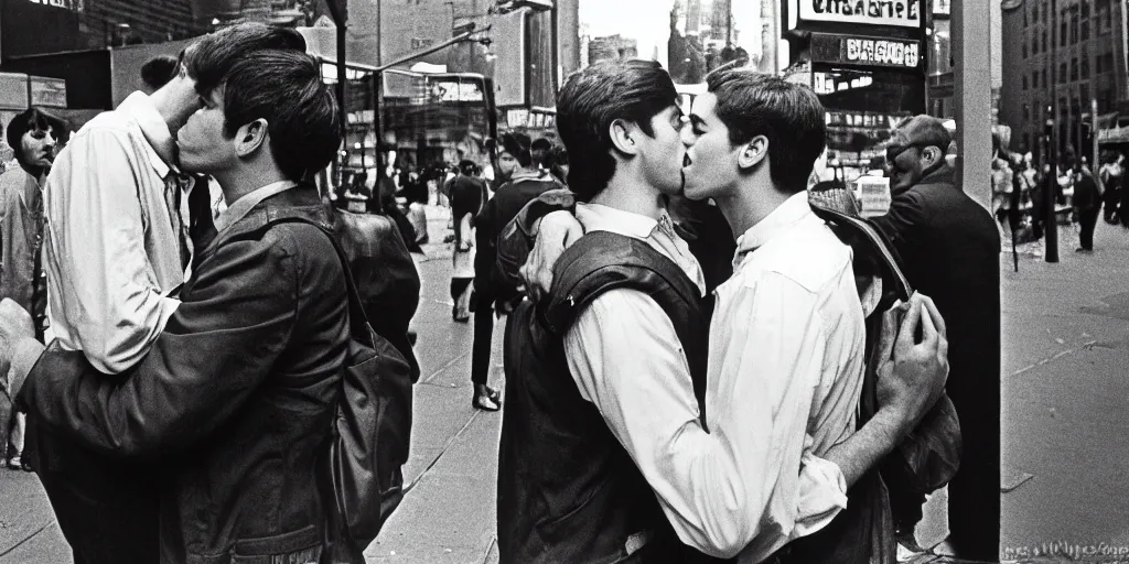 Prompt: two men kissing in the entrance to a subway stop in manhattan at the time of the stonewall riots. new york city, usa. 1 9 6 9 - 1 9 7 0. ernest cole photography