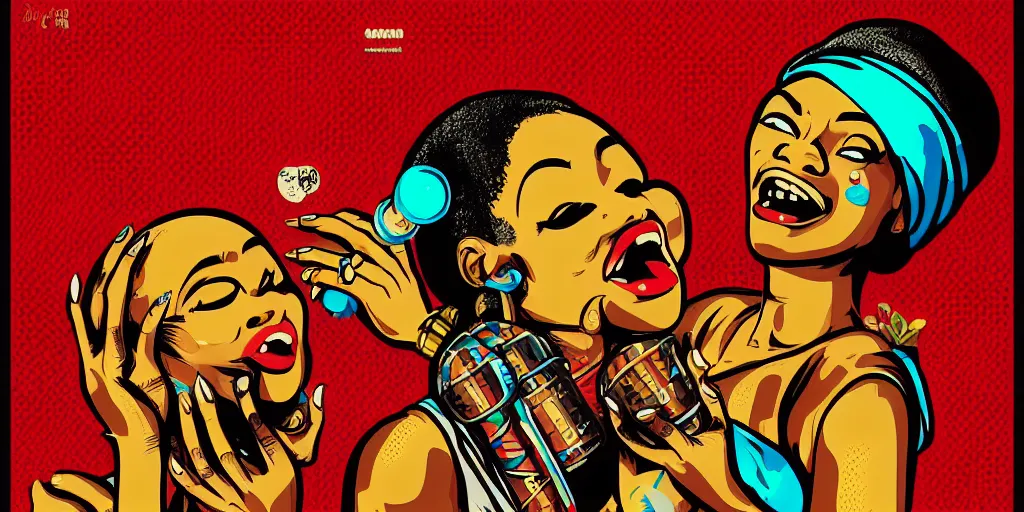 Image similar to mama africa laugh at her child!!! pop art, pixel, bioshock, gta chinatown, artgerm, richard hamilton, mimmo rottela, julian opie, aya takano, intricate, sharp focus, concept art, smooth, focus on details