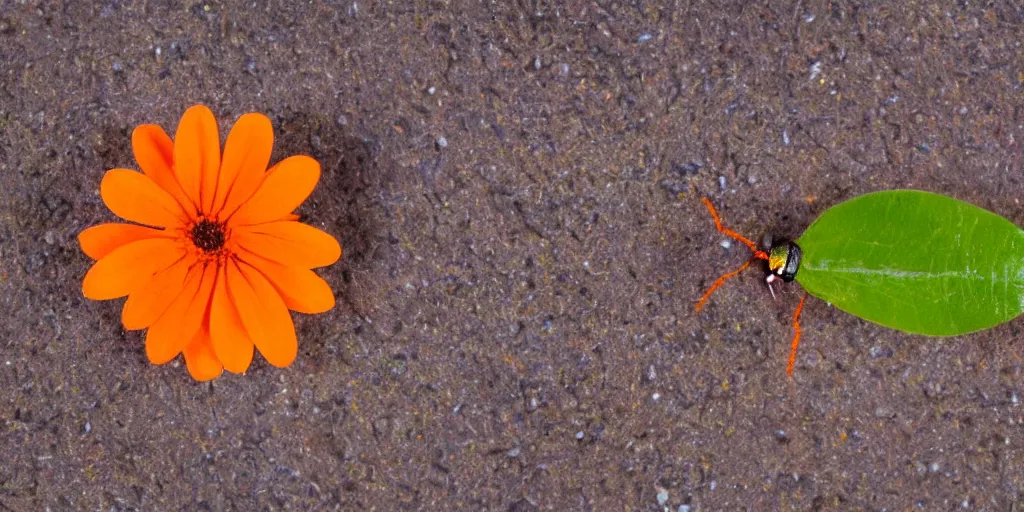 Prompt: a close up photo of an orange colored flower, a single green leaf is coming out of the flowers stalk, a tiny beetle is walking on the leaf, high resolution macro image 35mm