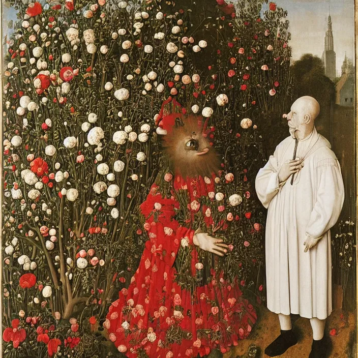 Image similar to a bird made of flowers, standing next to a creepy old man, by Jan van Eyck