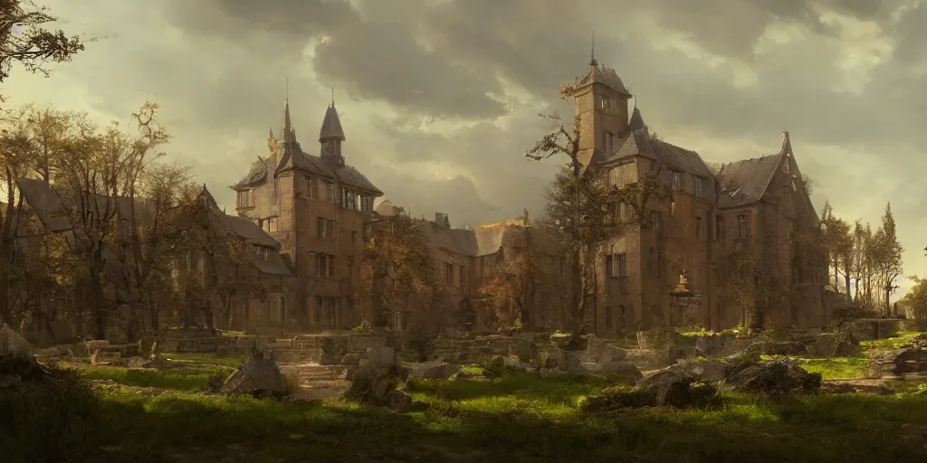 Prompt: A fancy landscape of a Medieval Noble Estate by Greg Rutkowski, Sung Choi, Mitchell Mohrhauser, Maciej Kuciara, Johnson Ting, Maxim Verehin, Peter Konig, 8k photorealistic, cinematic lighting, HD, high details, dramatic, Vivid Colors, trending on artstation