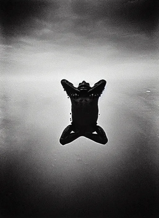 Image similar to “semitranslucent smiling frog amphibian vertically hovering over misty lake waters in Jesus Christ pose, low angle, long cinematic shot by Andrei Tarkovsky, paranormal, eerie, mystical”