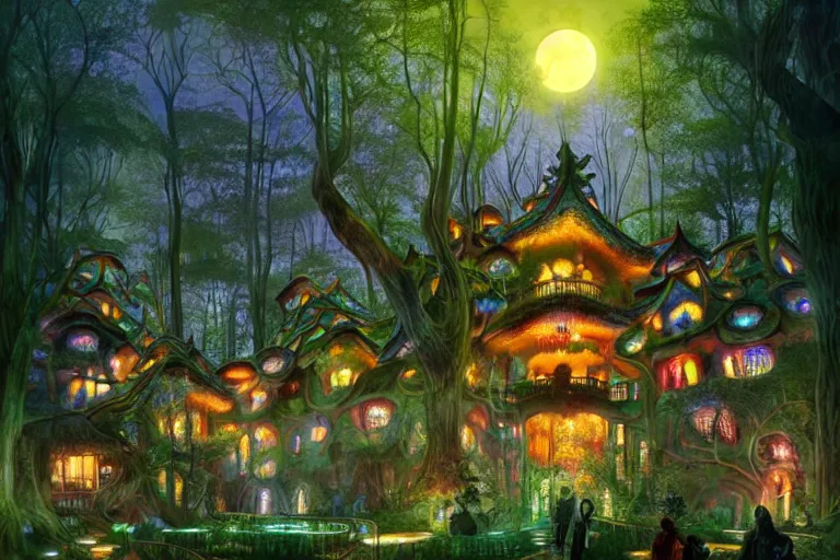 Prompt: huge mansion from hundertwasser and gaudi in a deep mystical forest with a cute japanese garden around it, mushrooms and dense exotic vegetation, tall people walking and discussing, dynamic lighting, art by magali villeneuve and peter mohrbacher on artstation, fantasy art, glowing lights, night sky with moon