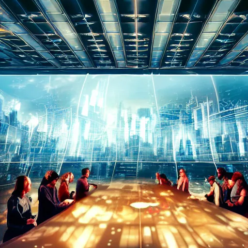 Prompt: large group people in a huge warehouse, looking at hologram of futuristic city on a table | cinematic concept art | godrays | 4 k | clear details | tabletop | tabletop | hologram foreground