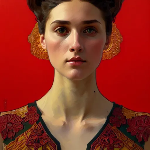 Image similar to a portrait of a female, upper half portrait, decorated with soviet motifs, russian soviet motifs, soviet, traditional russia, intricate, elegant, highly detailed, symmetry, headpiece, digital painting, artstation concept art smooth sharp focus, illustration, art by artgerm and greg rutkowski alphonse mucha 8 k