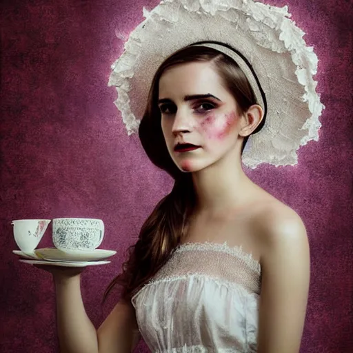 Prompt: painting on washed out on worn out canvas rough textured canvas wall full body fashion model emma watson smokey eyes makeup eye shadow fantasy, glow, shimmer as victorian woman in a long white frilly lace dress and a large white hat having tea in a sunroom filled with flowers, roses and lush fern flowers ,intricate, night, highly detailed, dramatic lighting , high quality