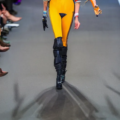 Image similar to tracer from overwatch on catwalk as runway model f/1.4