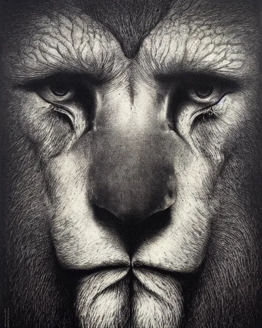 Image similar to mix of face of an eagle, face of an lion, face of an ox, face of an human, in one creature. drawn by zdzislav beksinski