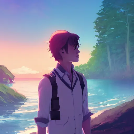 Image similar to james sawyer ford from lost, island background, ambient lighting, 4k, anime key visual, lois van baarle, ilya kuvshinov, rossdraws, artstation