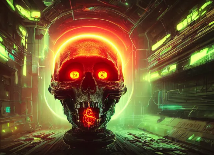 Image similar to a futuristic skull with glowing eyes and a wormhole tunnel, cyberpunk art by android jones, artstation hd, computer art, darksynth, synthwave, rendered in cinema 4 d