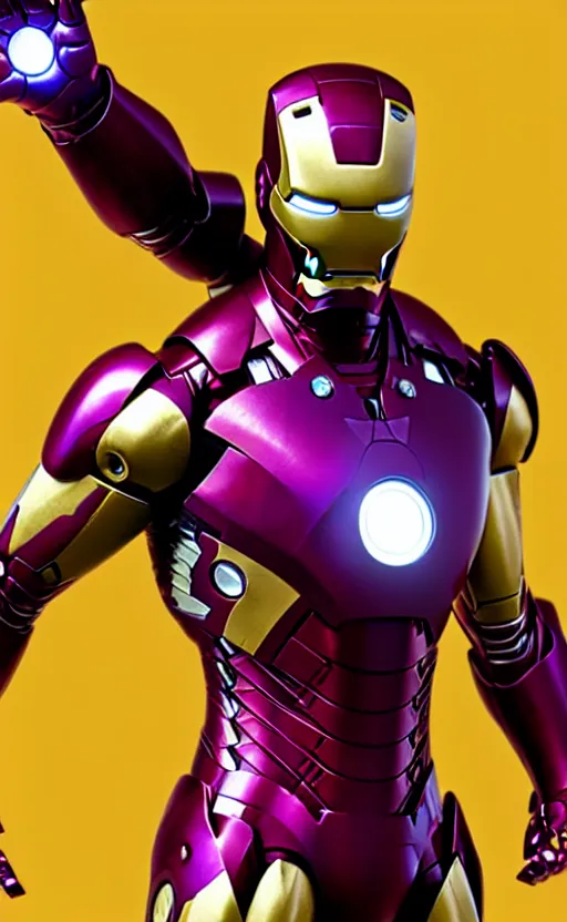 Image similar to iron man's suit but the colour scheme is purple and gold, octane render, photorealistic, realistic shading, cinematic, detailed textures