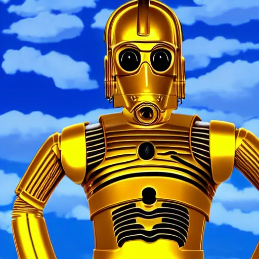 Image similar to full body portrait of Simpson as C3PO in star wars, background blue sky puffy clouds cinematic 4k