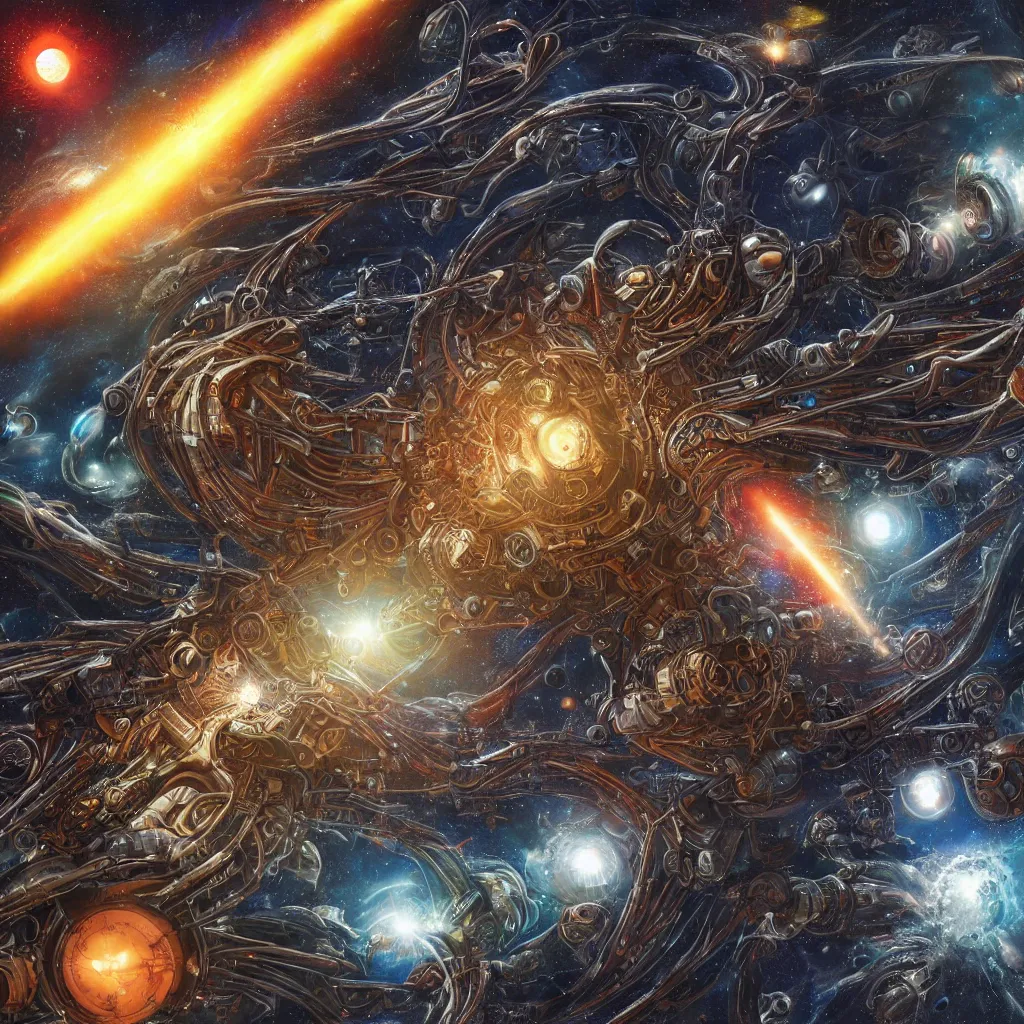 Image similar to mechanical alien god attacking planets in space, art by mark cooper, 8 k, hyper detailed, hdr, intricate, masterpiece