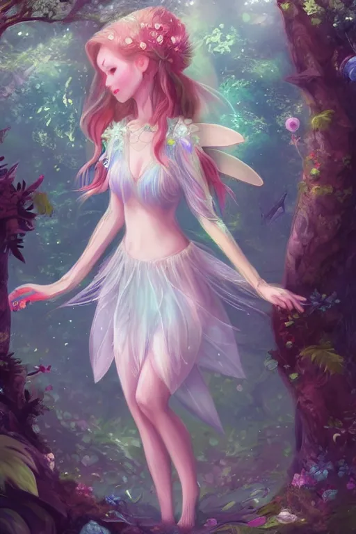 Image similar to a cute and geogerous fairy in the dreamy forest, fantasy, dreamlike, 8 k resolution, hyper detailed, d & d, character design, digital painting, trending on artstation, sharp focus, illustration, art by viktoria gavrilenko, hoang lap, fuji choko, steve zheng,