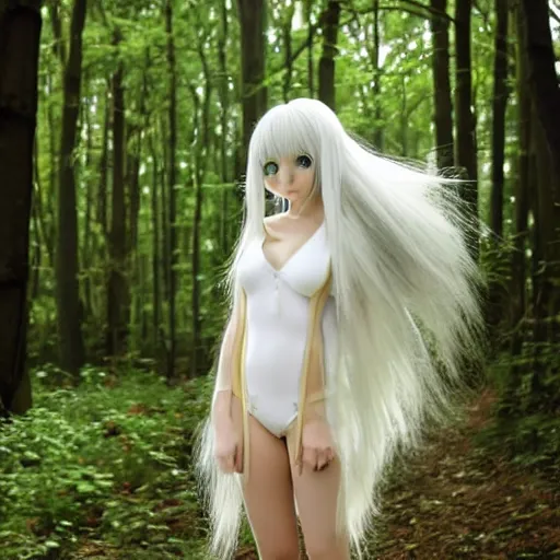 Prompt: a cute white long haired anime foxgirl, in a forest