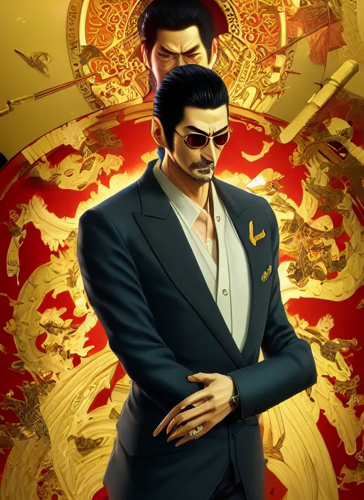 Image similar to highly detailed portrait of yakuza 0's goro majima, stephen bliss, unreal engine, greg rutkowski, loish, rhads, beeple, makoto shinkai and lois van baarle, ilya kuvshinov, rossdraws, tom bagshaw, tom whalen, alphonse mucha, global illumination, god rays, detailed and intricate environment