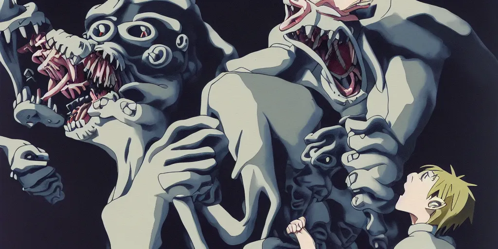 Prompt: chimera in full metal alchemist biting it's owner's body, extreme low angle looking up, anime, manga, oil paint, risograph, gottfried helnwein