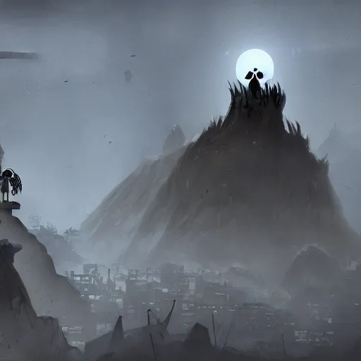 Image similar to a tiny gloomy reaper is sitting on a gigantic rock, holding its scythe and watches a little happy bird flying around a extrem destroyed fallout city with extrem radioactive aspects at nighttime and heavy rain, by aleksandra waliszewska and aoi ogata, dystopian concept dramatic horror art