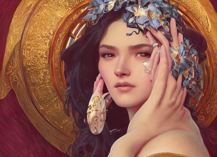 Image similar to masked, perfectly-centered-Portrait of the most beautiful woman on the planet , intricate, highly detailed, artstation, concept art, concept render, octane, redshift, smooth, sharp focus, illustration,award-winning, Unreal Engine 5, 8K, art by artgerm and greg rutkowski and alphonse mucha