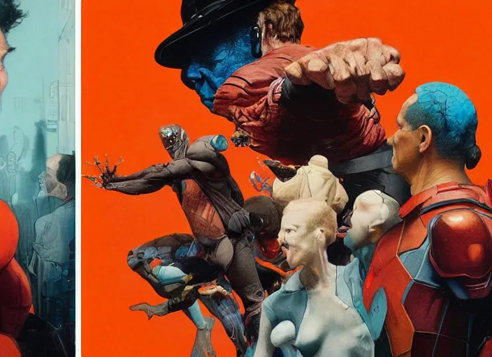Image similar to a still from the movie avengers : infinty war of francis bacon and norman rockwell and james jean, a still from the movie the fly, and mark brooks, triadic color scheme, by greg rutkowski, syd mead and edward hopper and norman rockwell and beksinski, dark surrealism, orange and turquoise