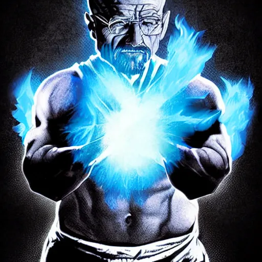 Prompt: buff Walter White Hadoken a ball of blue fire, accurate anatomy, accurate hands, highly detailed, digital art,