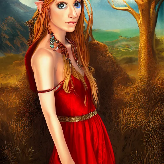 Image similar to Portrait of a young half elven woman with a beautiful red dress, lots of jewelry, Blonde long hair. freckels in hee face. Desert Hills in the background. Sharp Image. Detailed digital art.