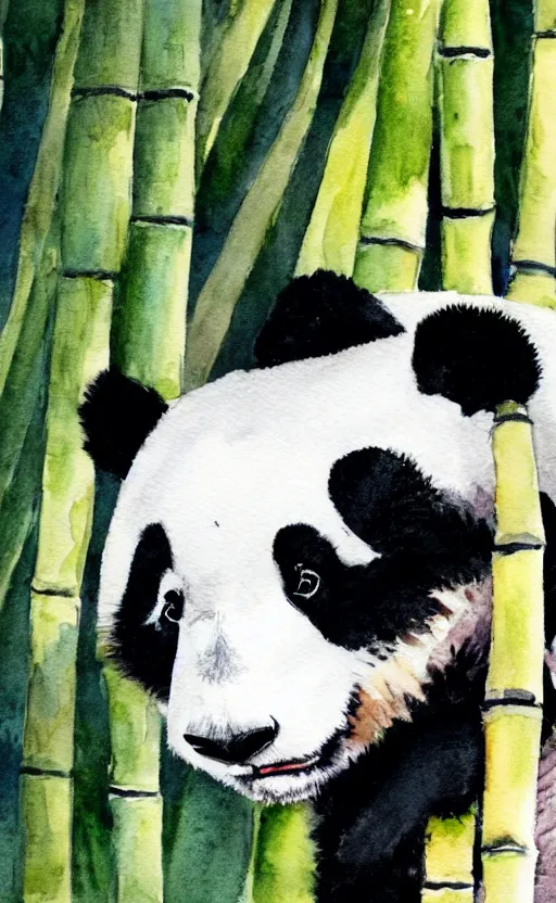 Image similar to a watercolor painting of a panda eating bamboo, dynamic lighting, photorealistic, ambient lighting, atmospherical, stunning visuals, trending on art station