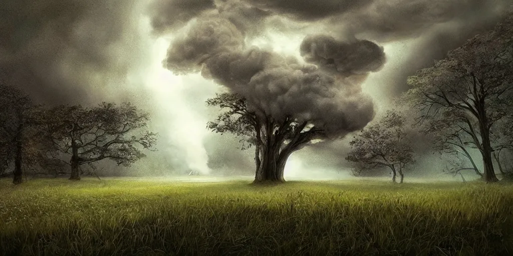 Image similar to A tornado in a beautiful scenic landscape, nature, trees, wide angle, super highly detailed, professional digital painting, artstation, concept art, smooth, sharp focus, no blur, no dof, extreme illustration, Unreal Engine 5, Photorealism, HD quality, 8k resolution, cinema 4d, 3D, beautiful, cinematic, art by artgerm and greg rutkowski and alphonse mucha and loish and WLOP