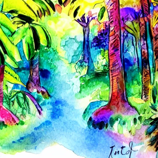 Image similar to a colorful rainforest, watercolors and ink, ,