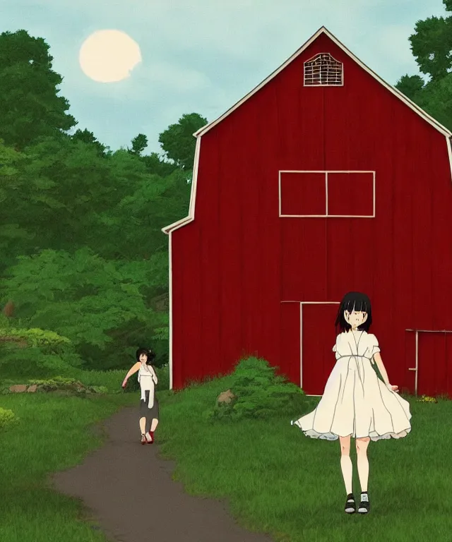 Prompt: a young woman in the shadow! of a red barn!. black hair, white! dress, sharp focus, wide angle, studio ghibli, trending on artstation