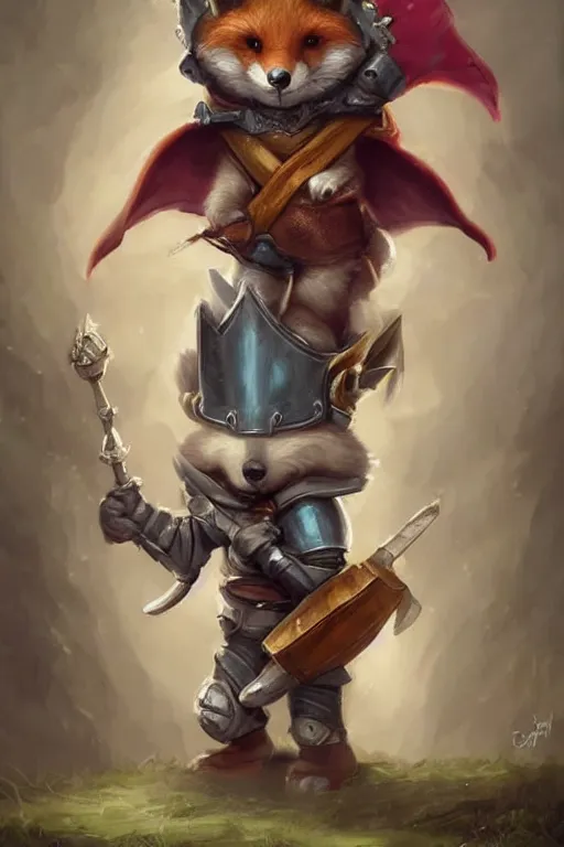 Image similar to cute little anthropomorphic foxy knight wearing a cape and a crown, tiny, small, miniature fox, baby animal, short, pale blue armor, cute and adorable, pretty, beautiful, DnD character art portrait, matte fantasy painting, DeviantArt Artstation, by Jason Felix by Steve Argyle by Tyler Jacobson by Peter Mohrbacher, cinematic lighting