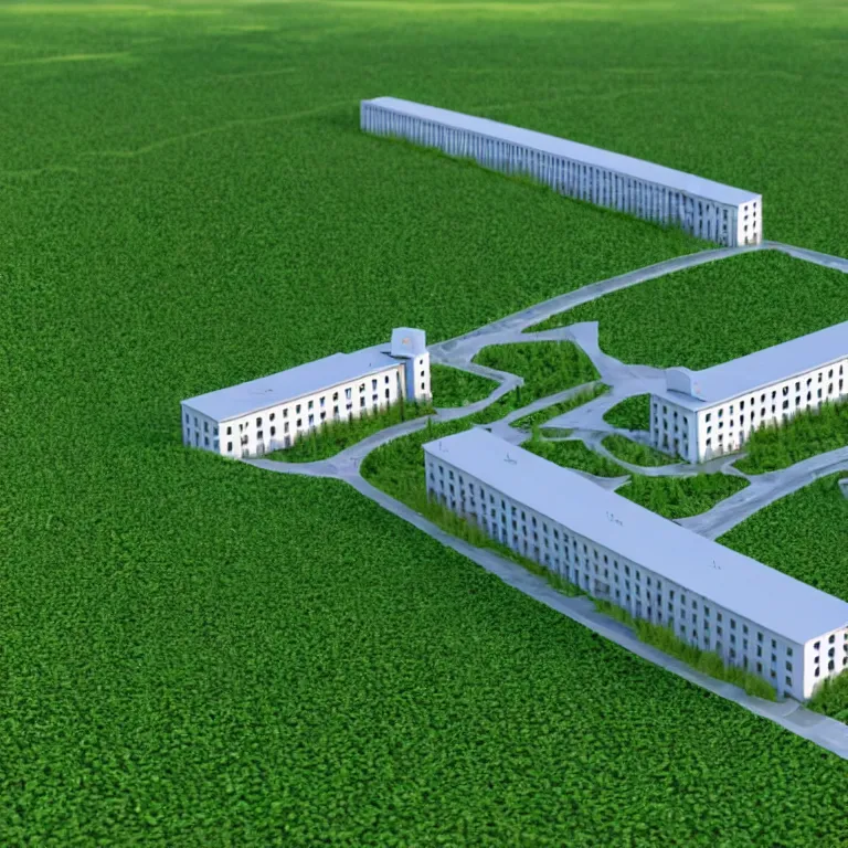 Prompt: render of one-point perspective in the center. soviet town. Two infinitely long monolithic soviet five-story panel buildings. A perfect green grass in the center. High detail, details, ultra realistic render, octane, 3D, view from ground level, render from below, symmetric, cloudless clear blue sky